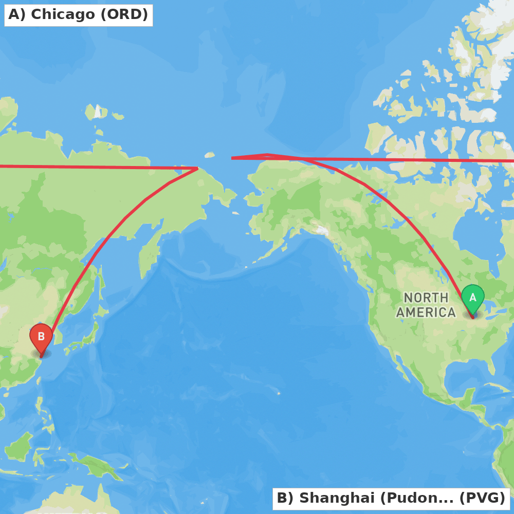 Flight route map from Chicago to Shanghai (Pudong)