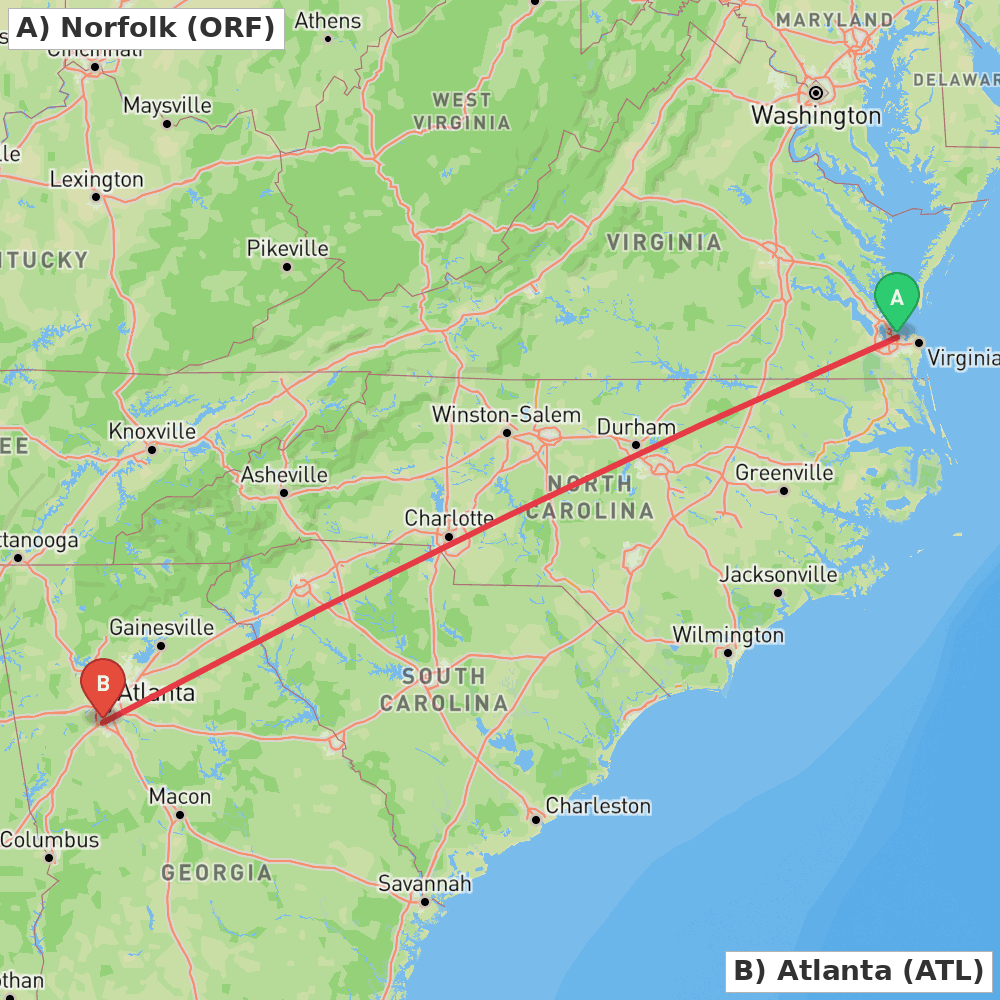 Flight route map from Norfolk to Atlanta