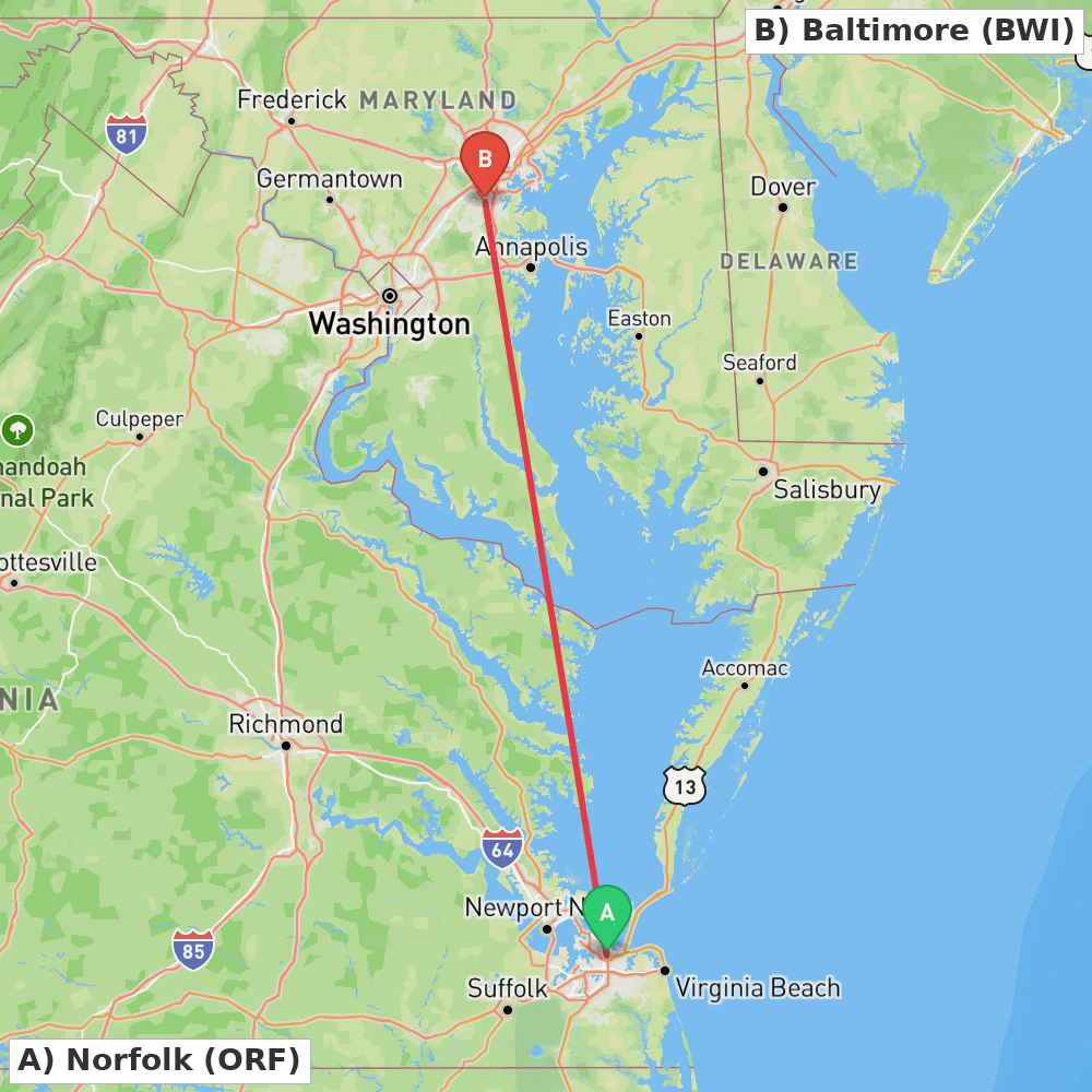 Flight route map from Norfolk to Baltimore