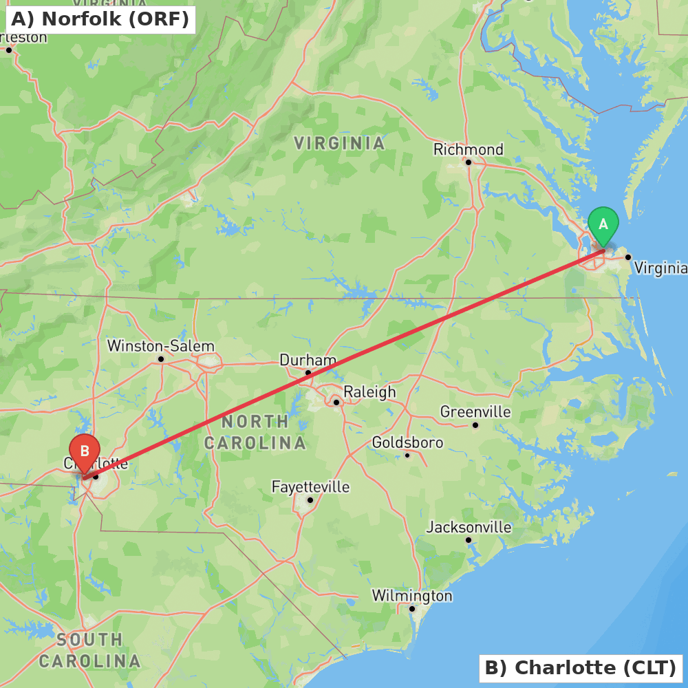Flight route map from Norfolk to Charlotte