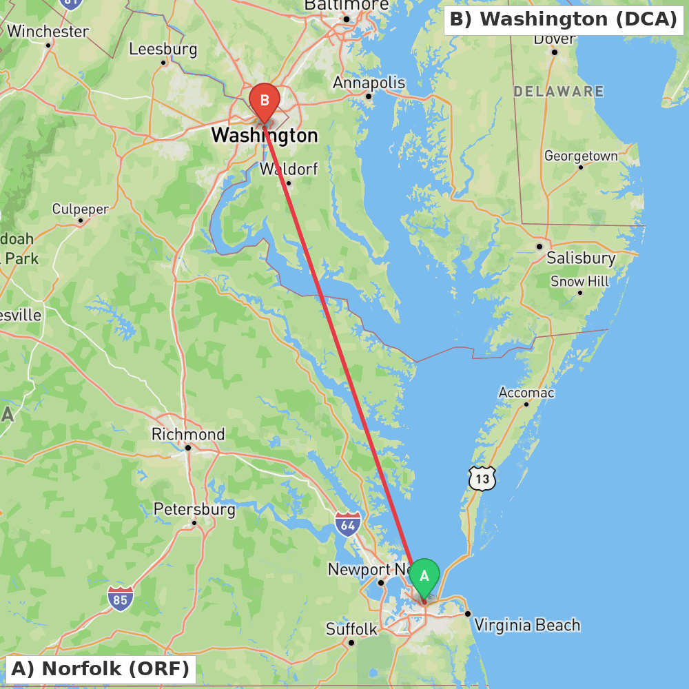 Flight route map from Norfolk to Washington