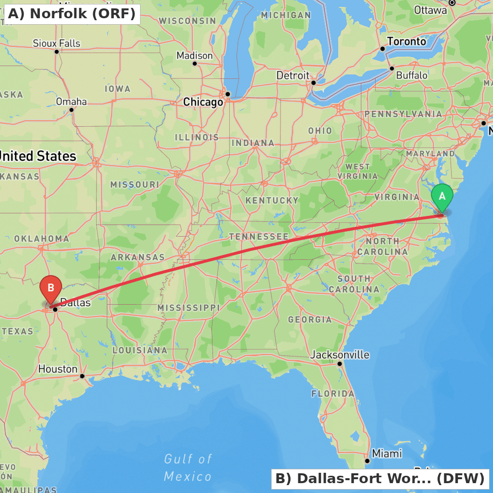Flight route map from Norfolk to Dallas-Fort Worth
