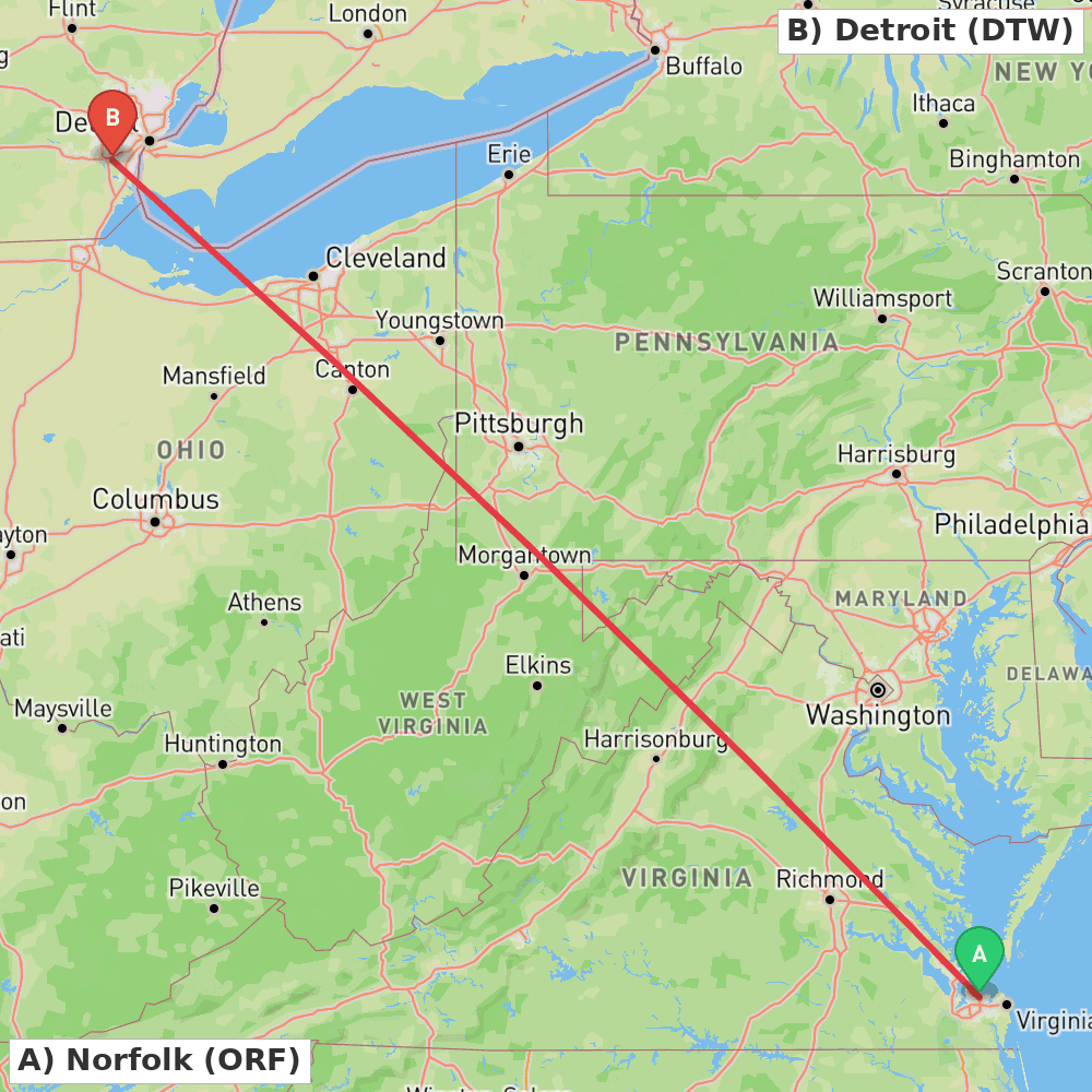 Flight route map from Norfolk to Detroit
