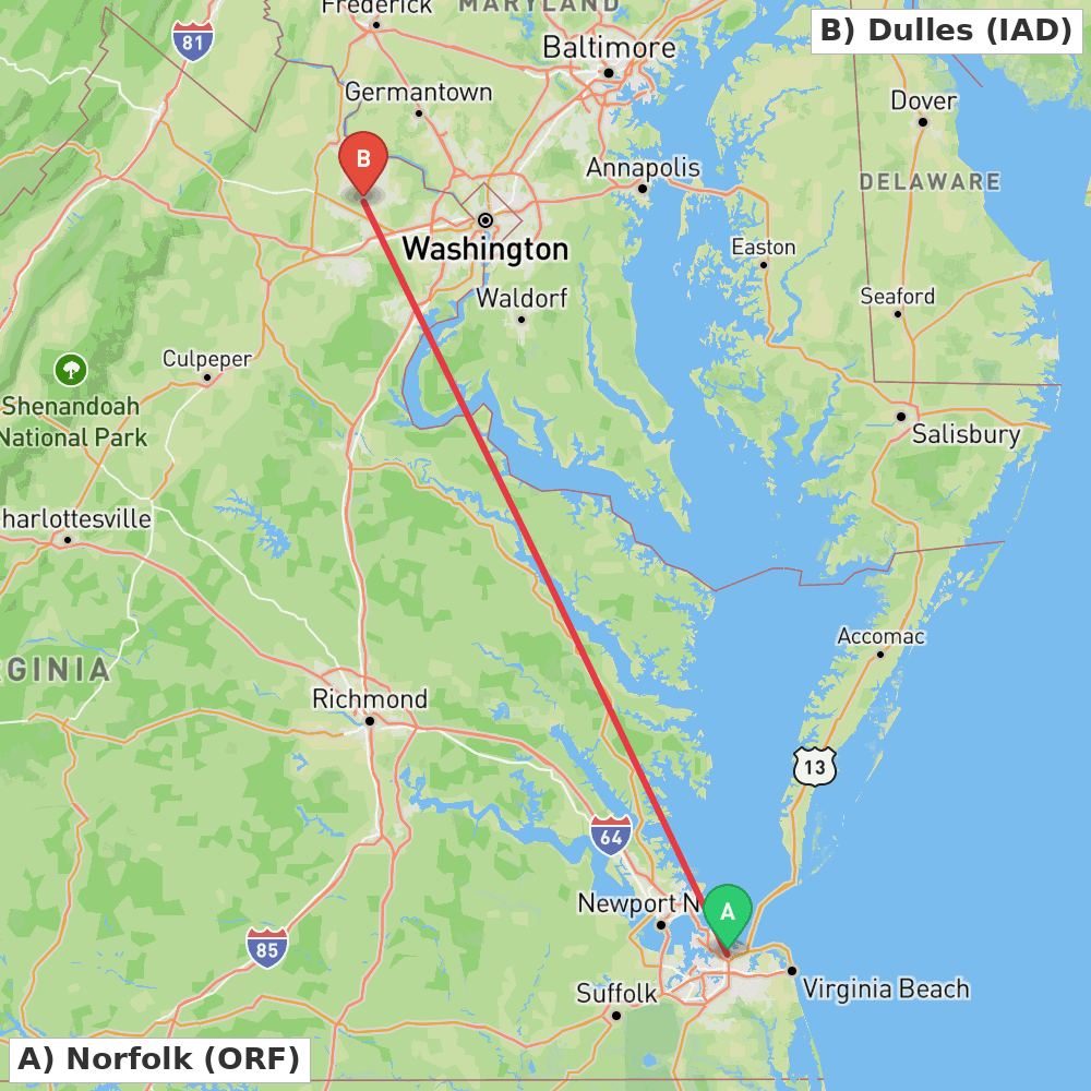 Flight route map from Norfolk to Dulles