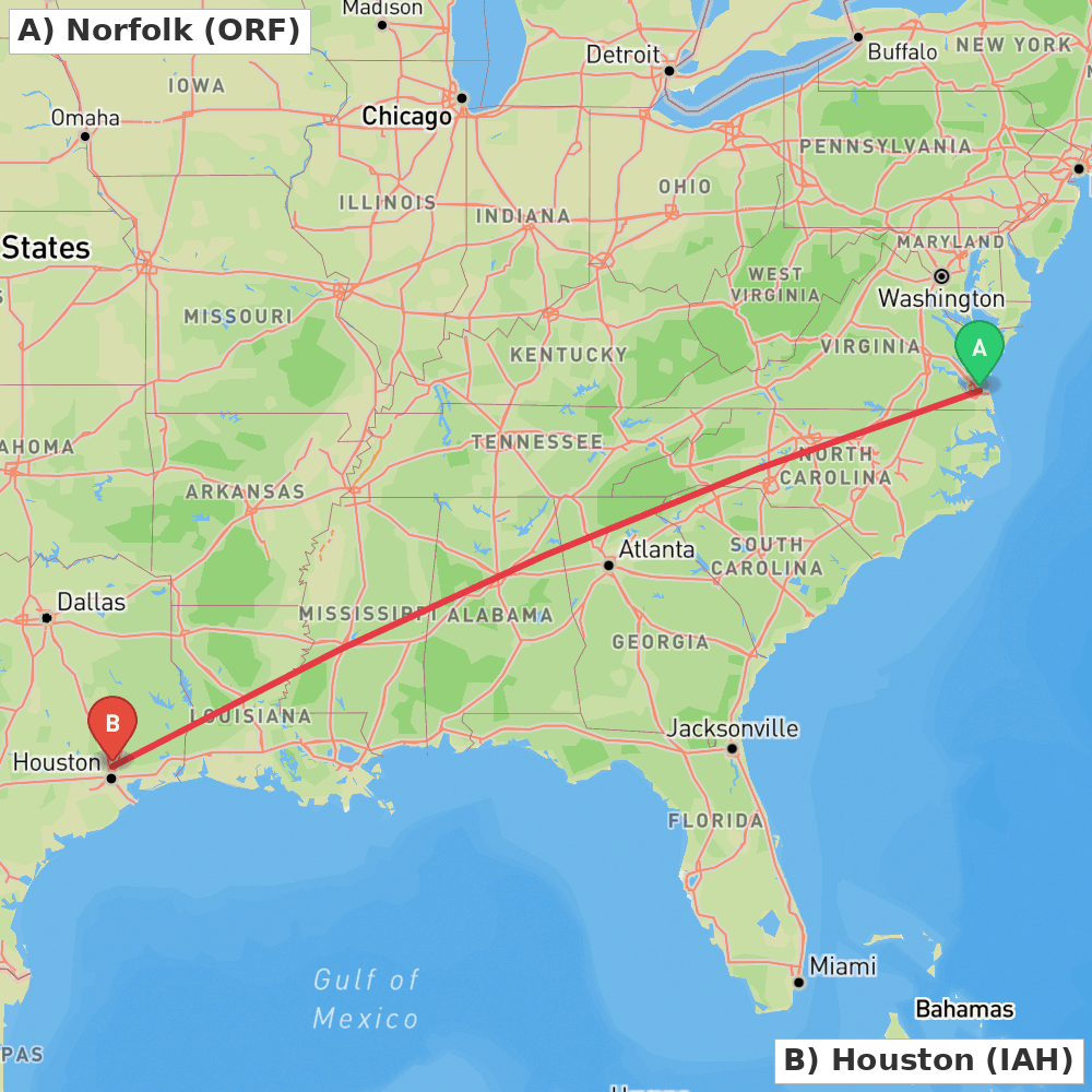 Flight route map from Norfolk to Houston