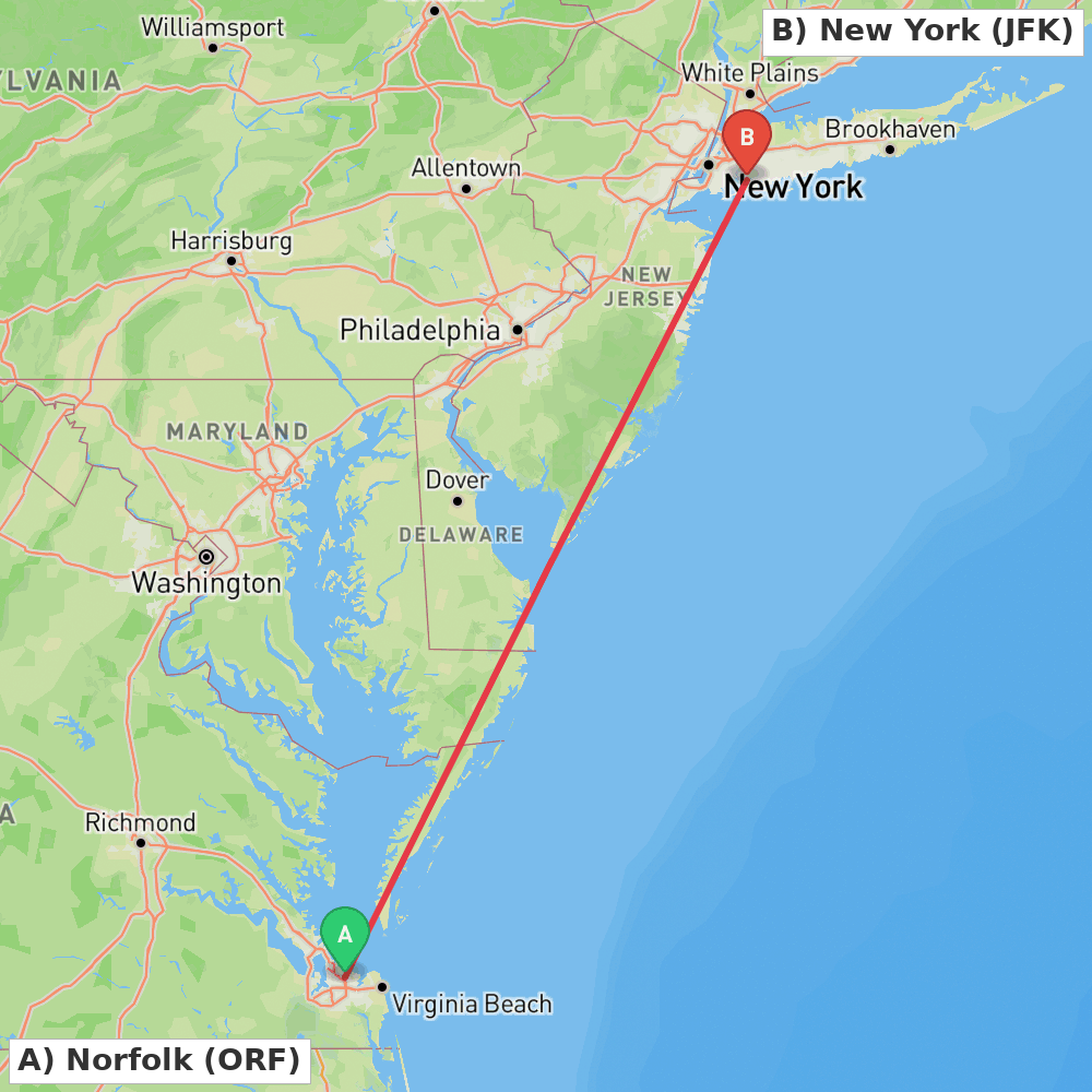 Flight route map from Norfolk to New York