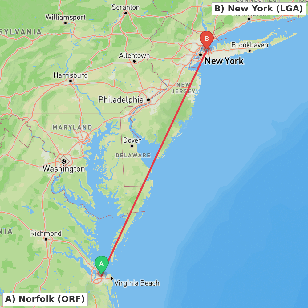 Flight route map from Norfolk to New York