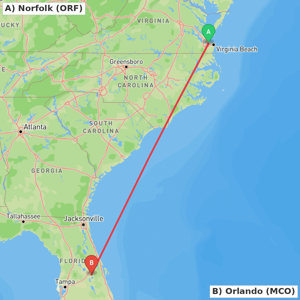 Flight route map from Norfolk to Orlando