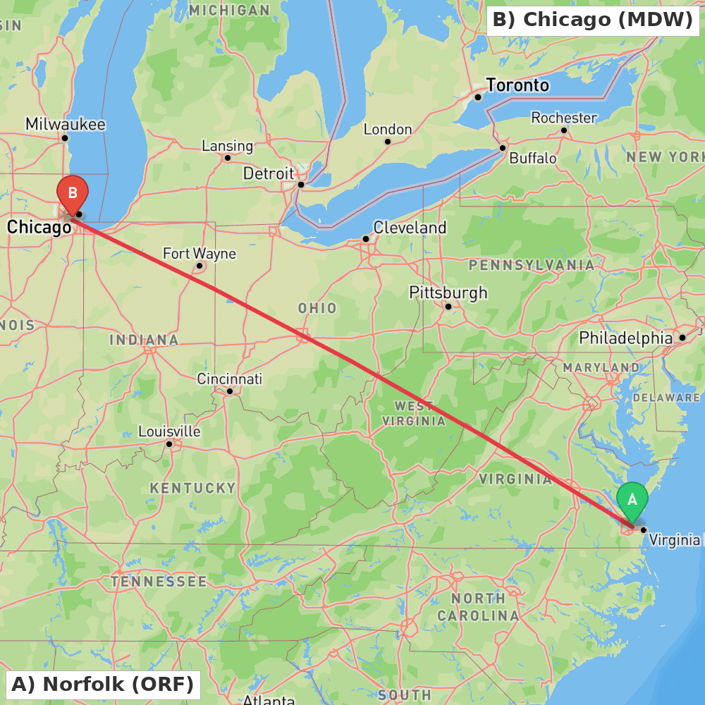 Flight route map from Norfolk to Chicago