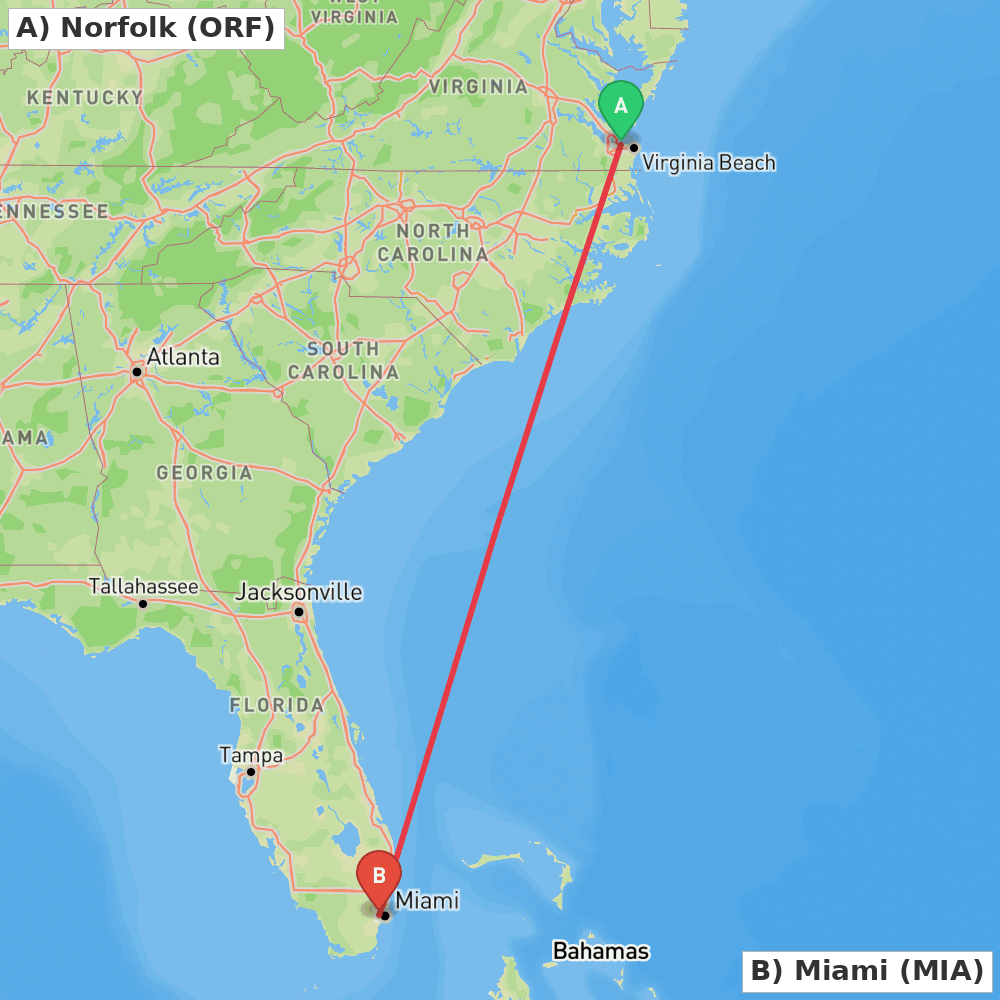 Flight route map from Norfolk to Miami