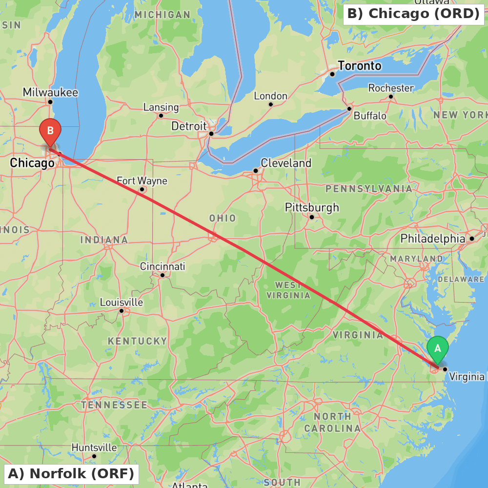 Flight route map from Norfolk to Chicago