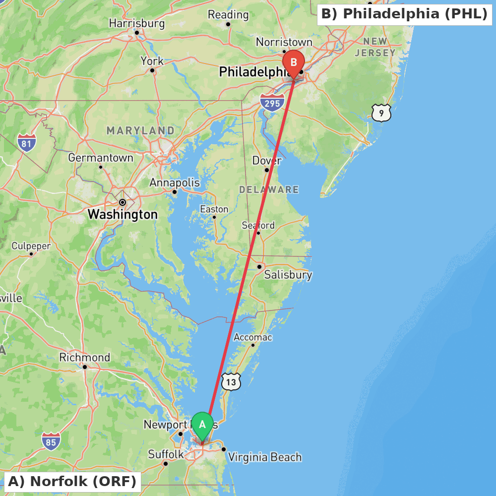 Flight route map from Norfolk to Philadelphia