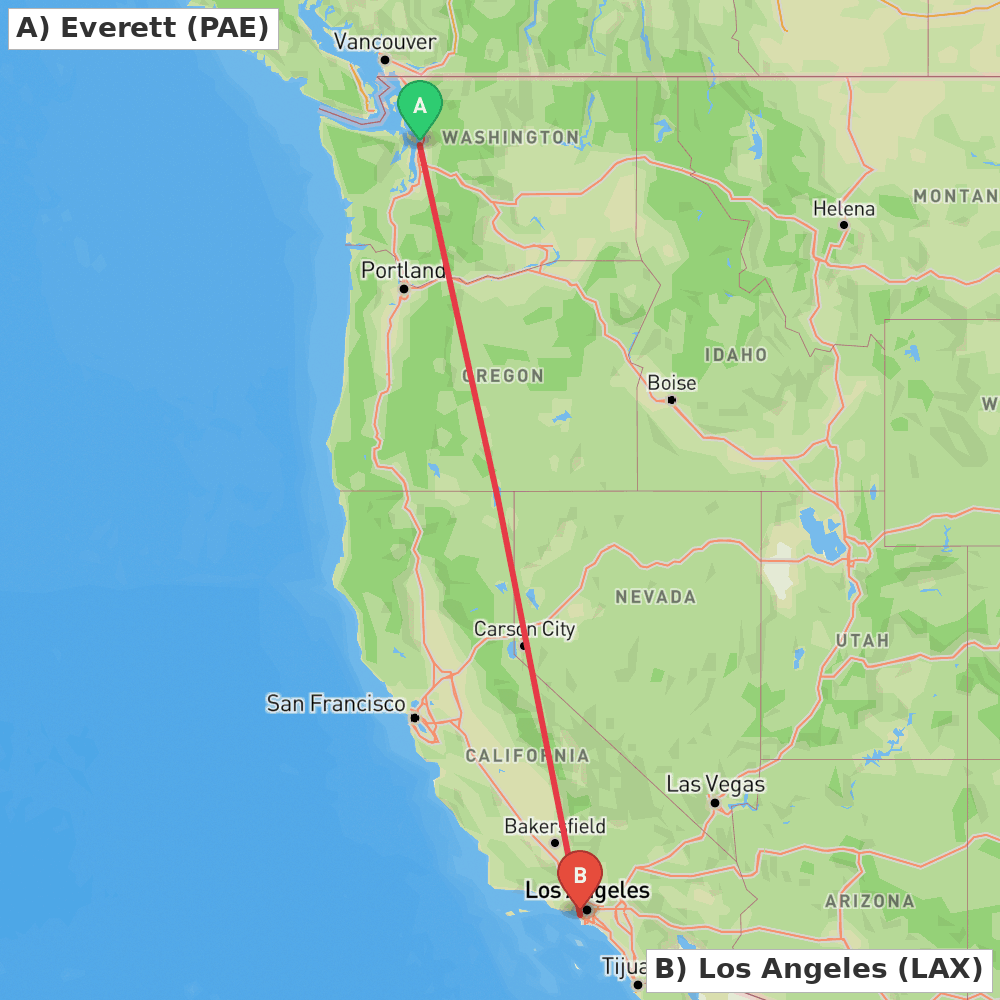 Flight route map from Everett to Los Angeles