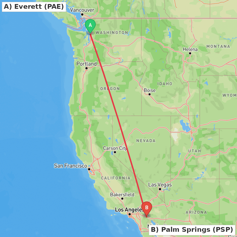 Flight route map from Everett to Palm Springs