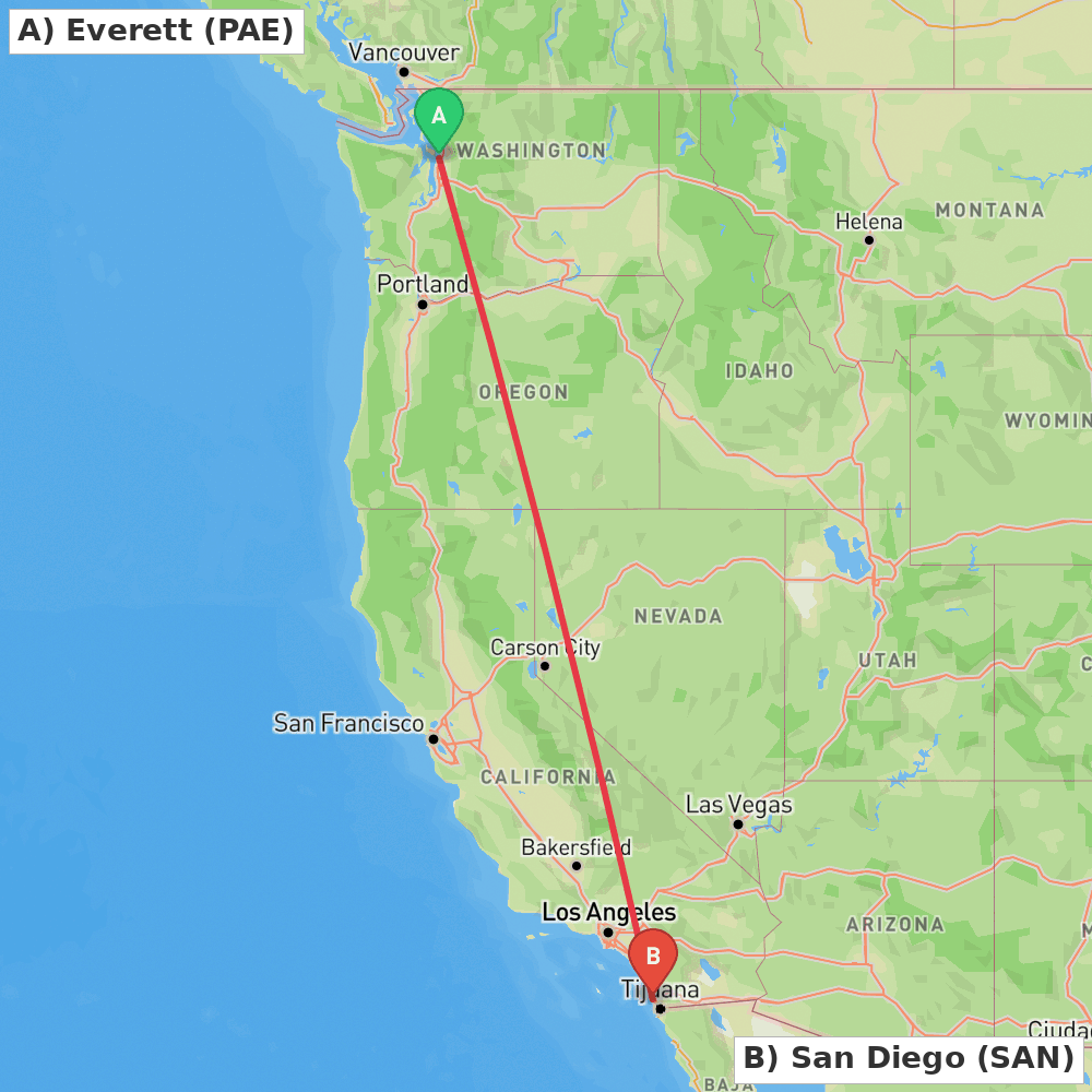 Flight route map from Everett to San Diego
