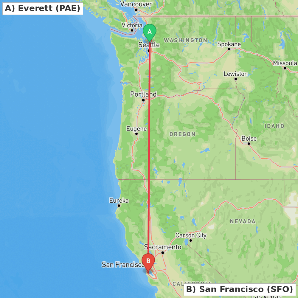 Flight route map from Everett to San Francisco