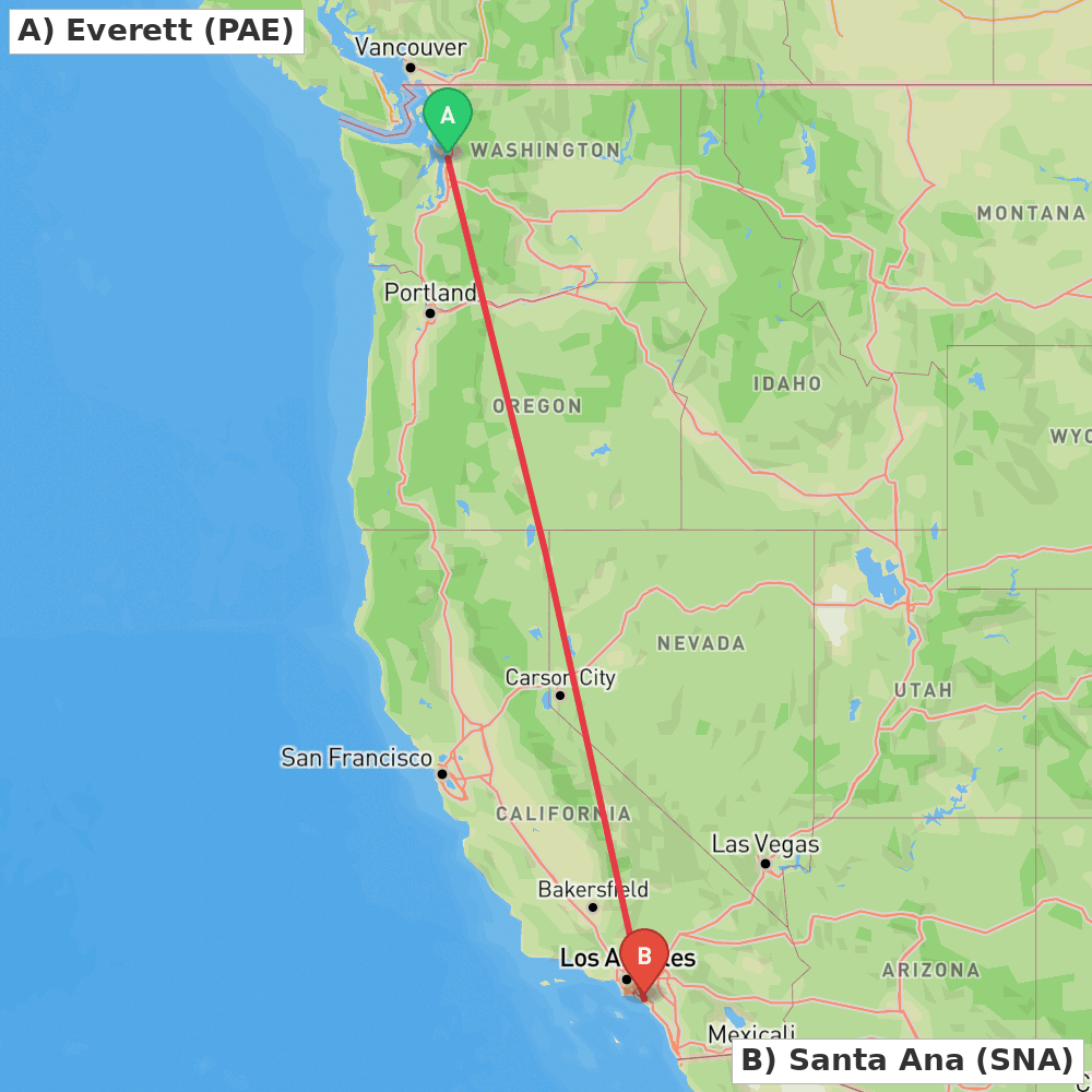 Flight route map from Everett to Santa Ana