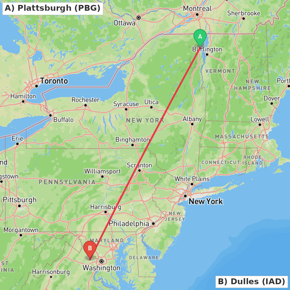 Flight route map from Plattsburgh to Dulles