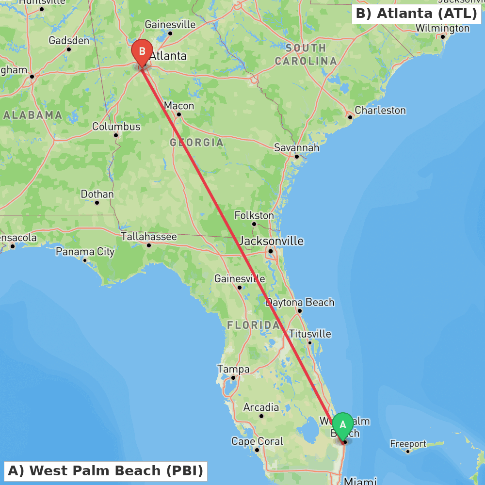 Flight route map from West Palm Beach to Atlanta