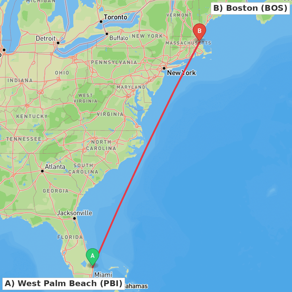 Flight route map from West Palm Beach to Boston