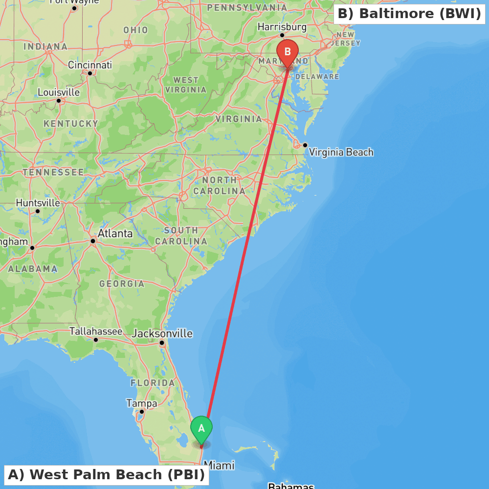 Flight route map from West Palm Beach to Baltimore