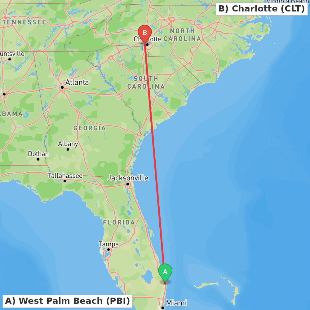 Flight route map from West Palm Beach to Charlotte