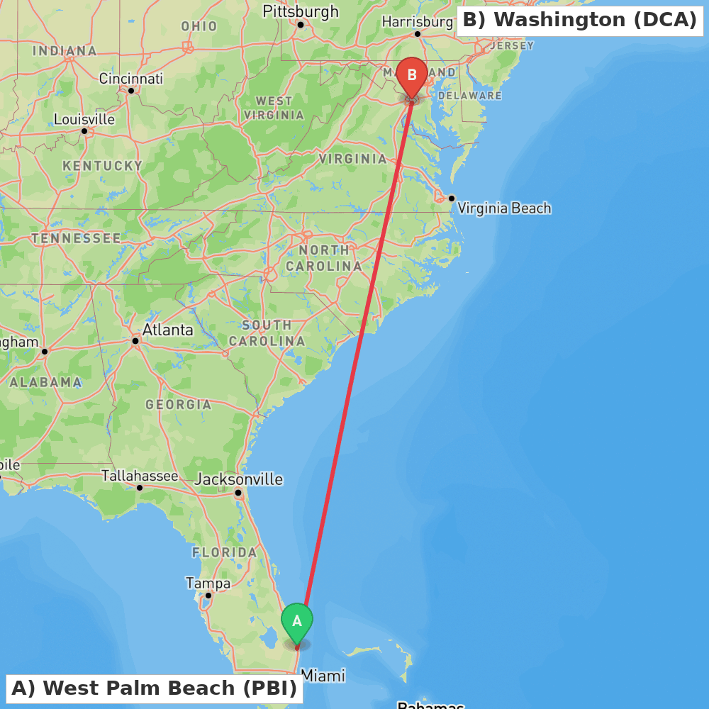 Flight route map from West Palm Beach to Washington