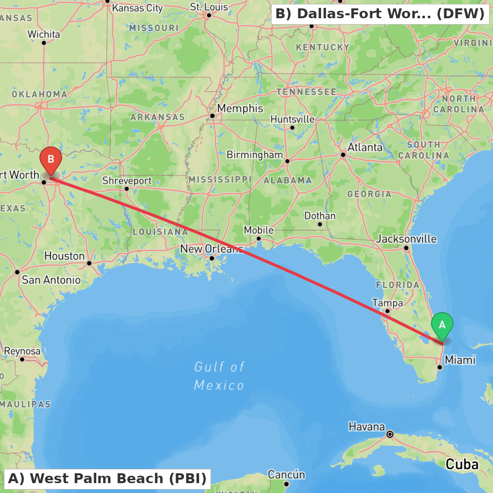 Flight route map from West Palm Beach to Dallas-Fort Worth