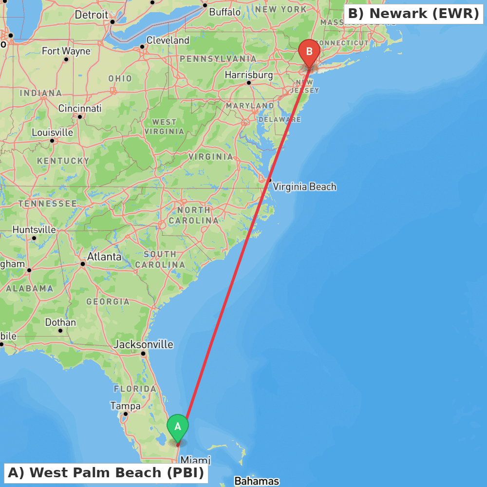 Flight route map from West Palm Beach to Newark
