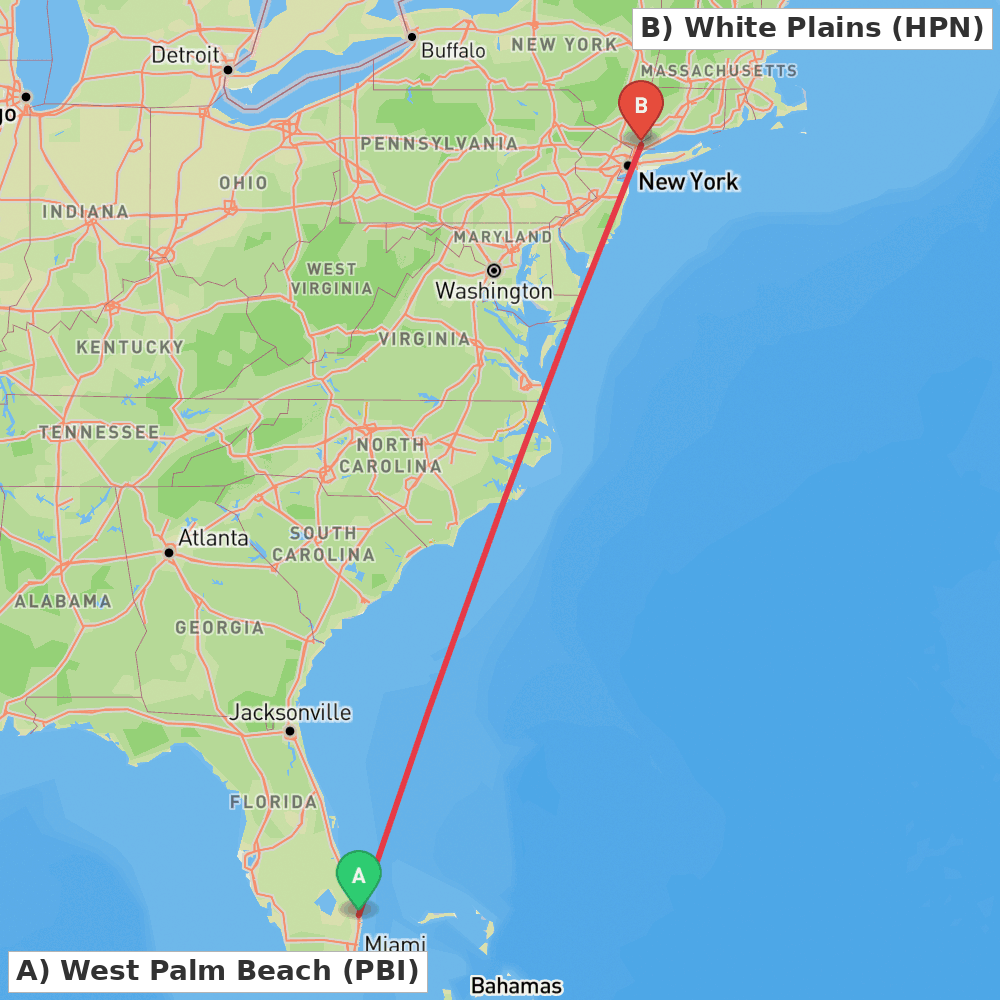 Flight route map from West Palm Beach to White Plains