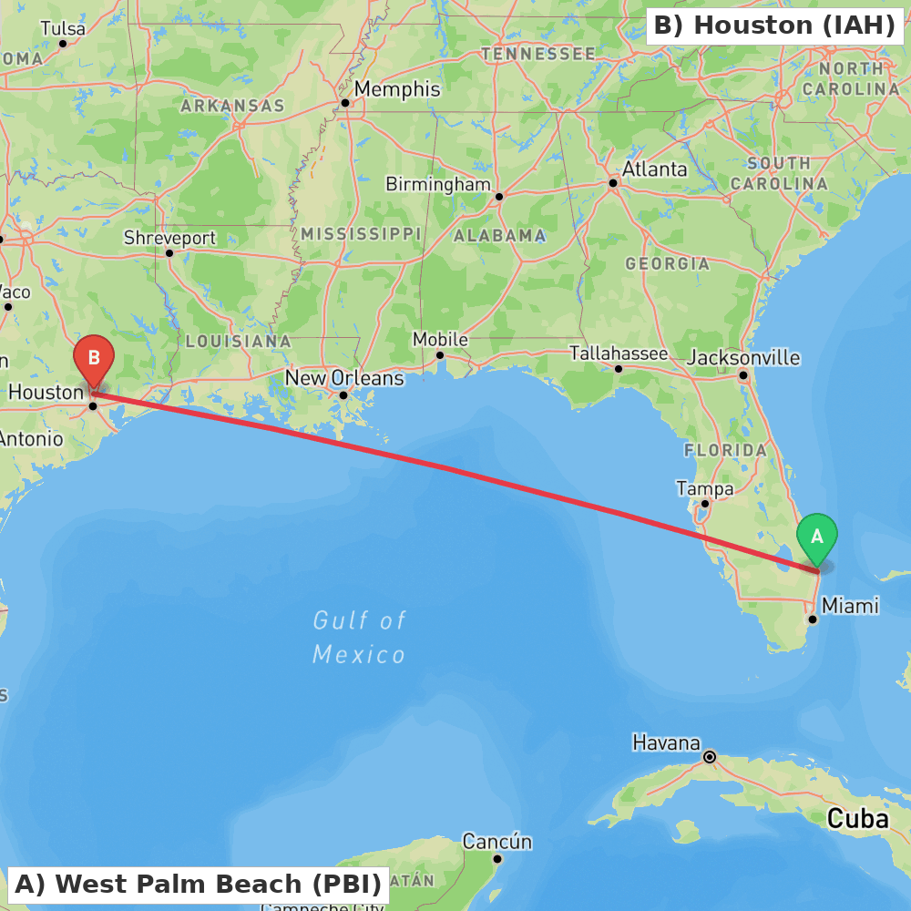 Flight route map from West Palm Beach to Houston