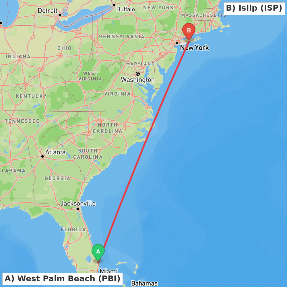 Flight route map from West Palm Beach to Islip