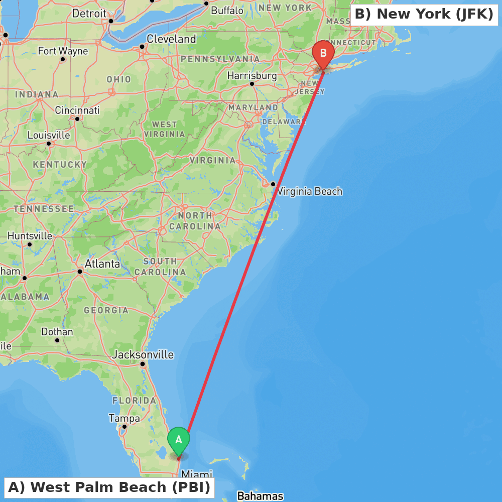 Flight route map from West Palm Beach to New York