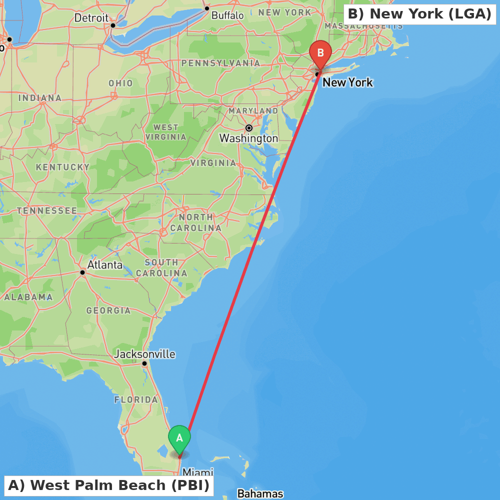 Flight route map from West Palm Beach to New York