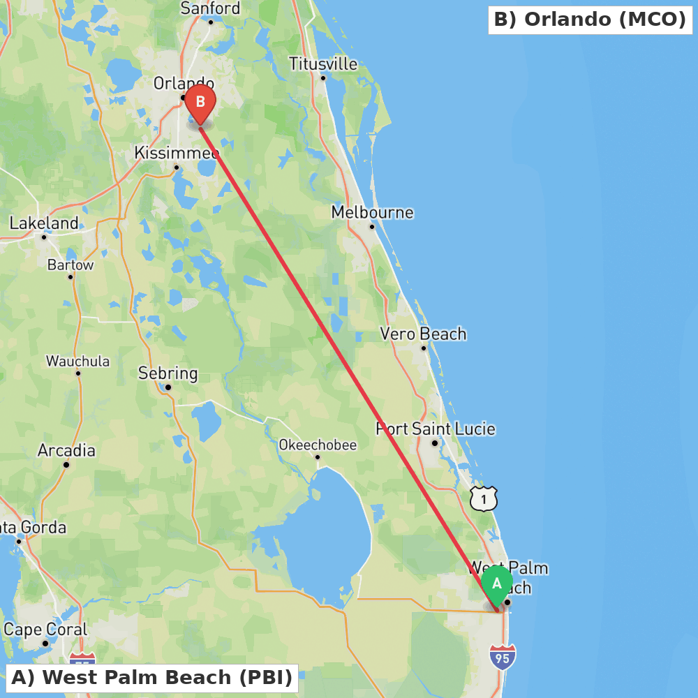 Flight route map from West Palm Beach to Orlando