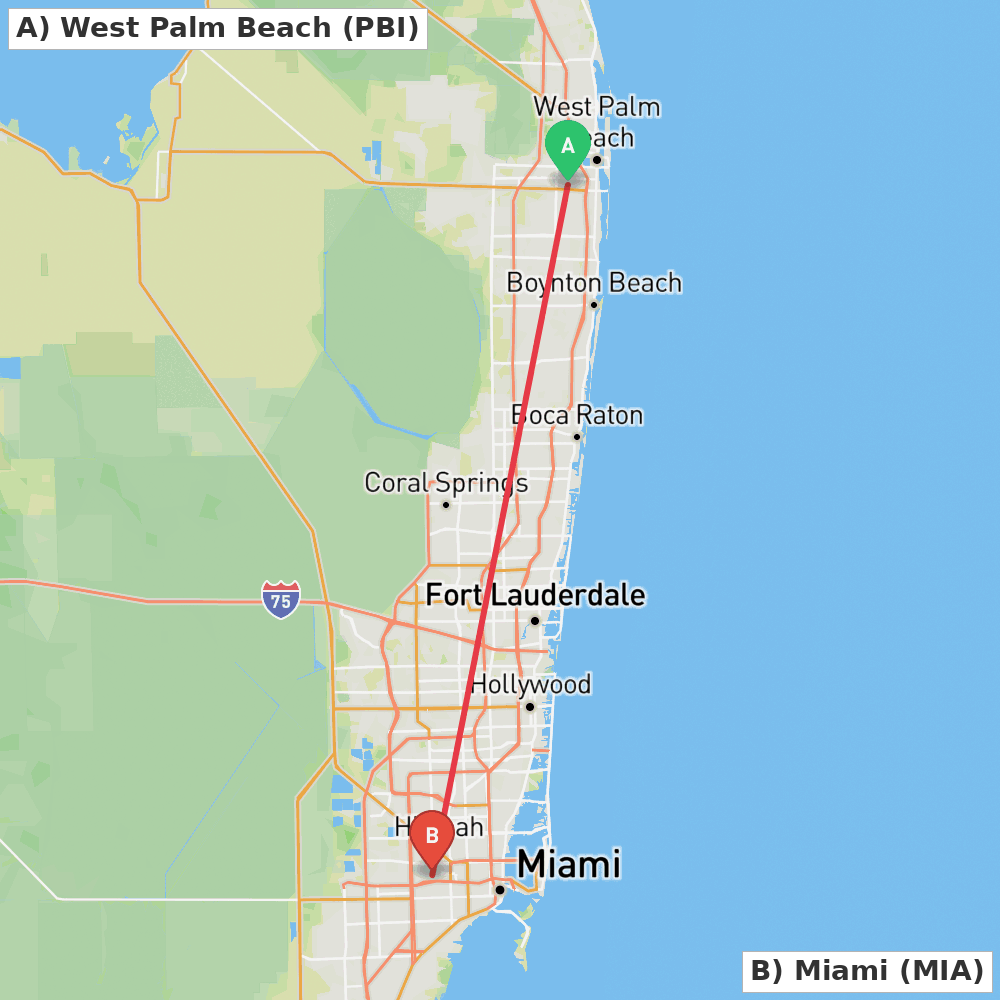 Flight route map from West Palm Beach to Miami