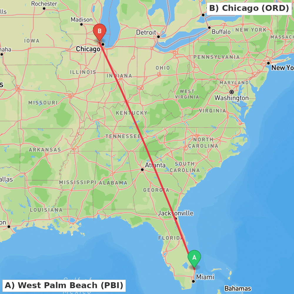 Flight route map from West Palm Beach to Chicago