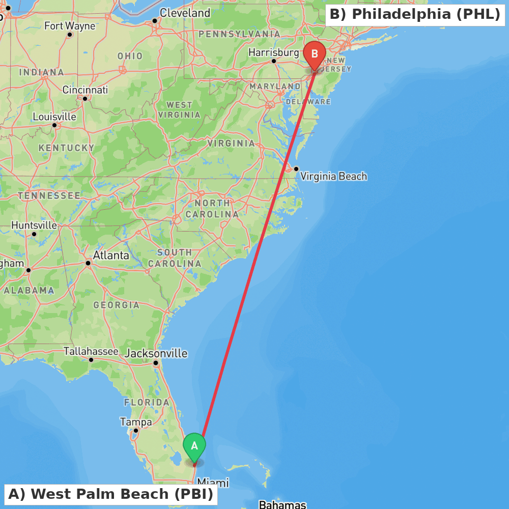 Flight route map from West Palm Beach to Philadelphia