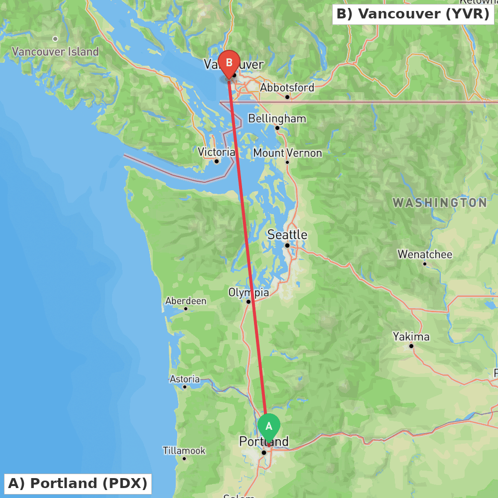 Flight route map from Portland to Vancouver
