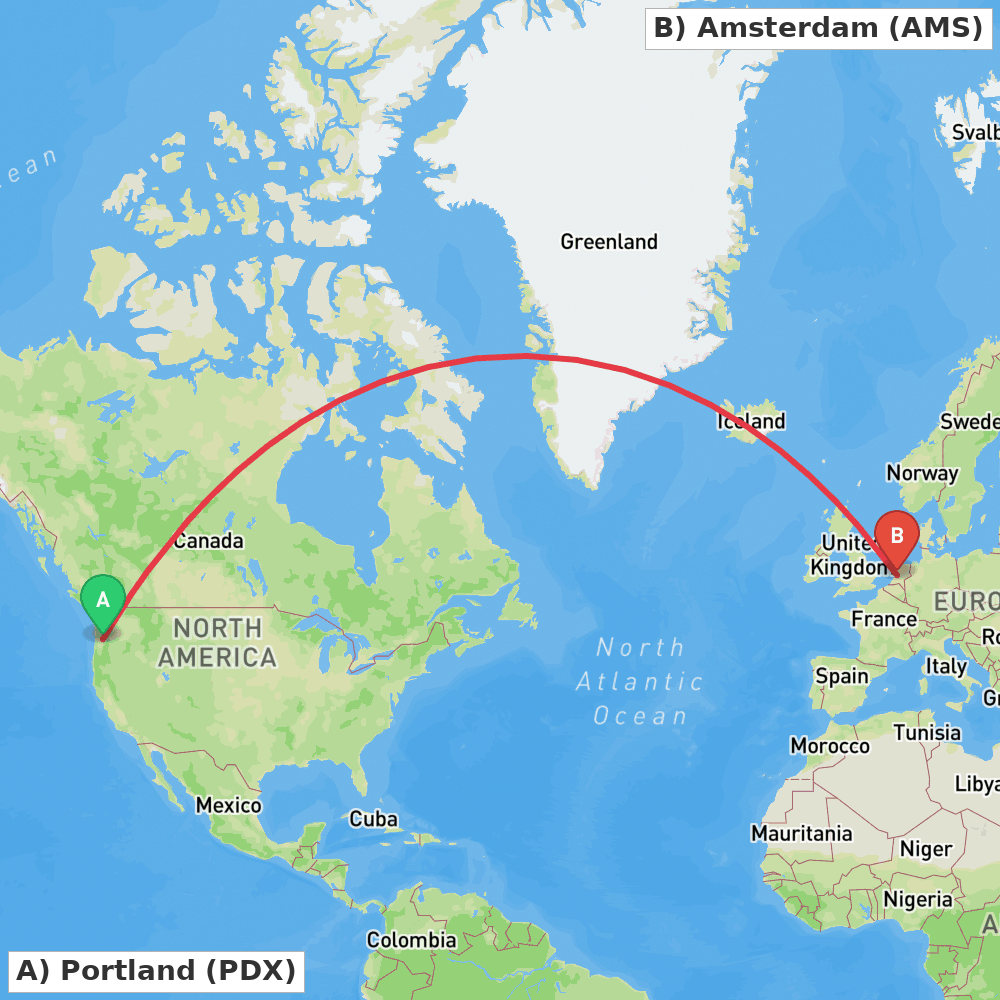 Flight route map from Portland to Amsterdam