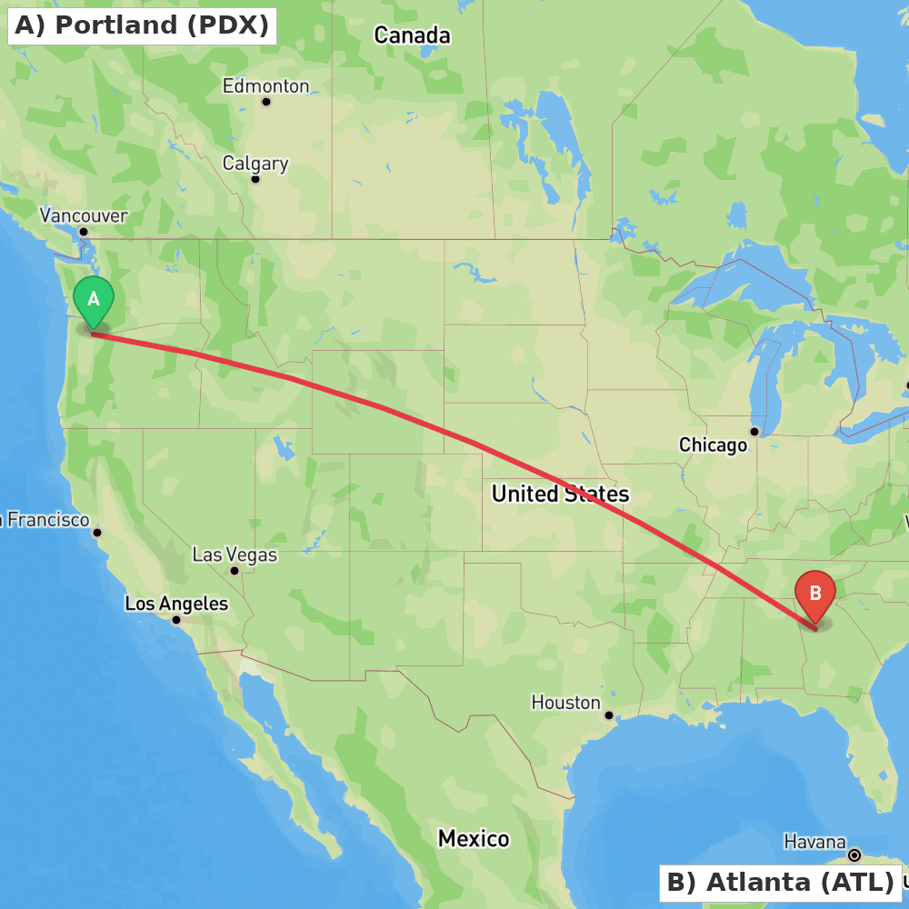 Flight route map from Portland to Atlanta