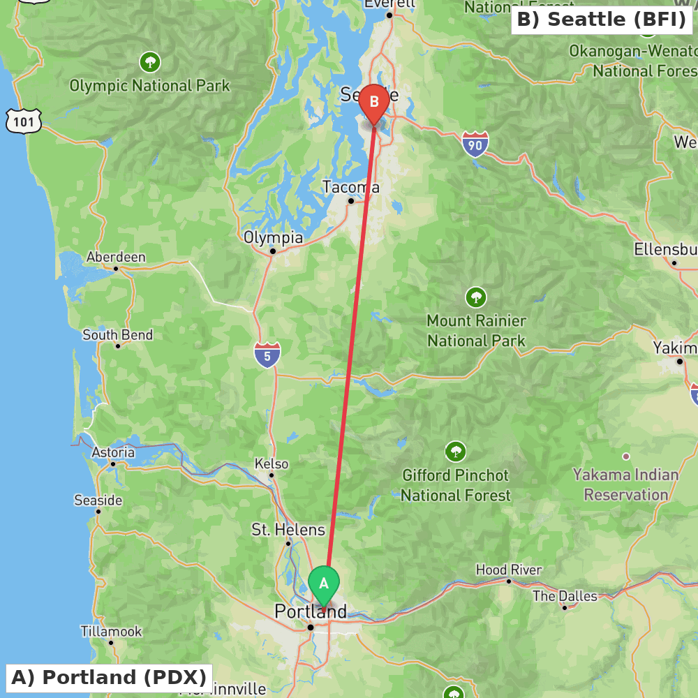 Flight route map from Portland to Seattle