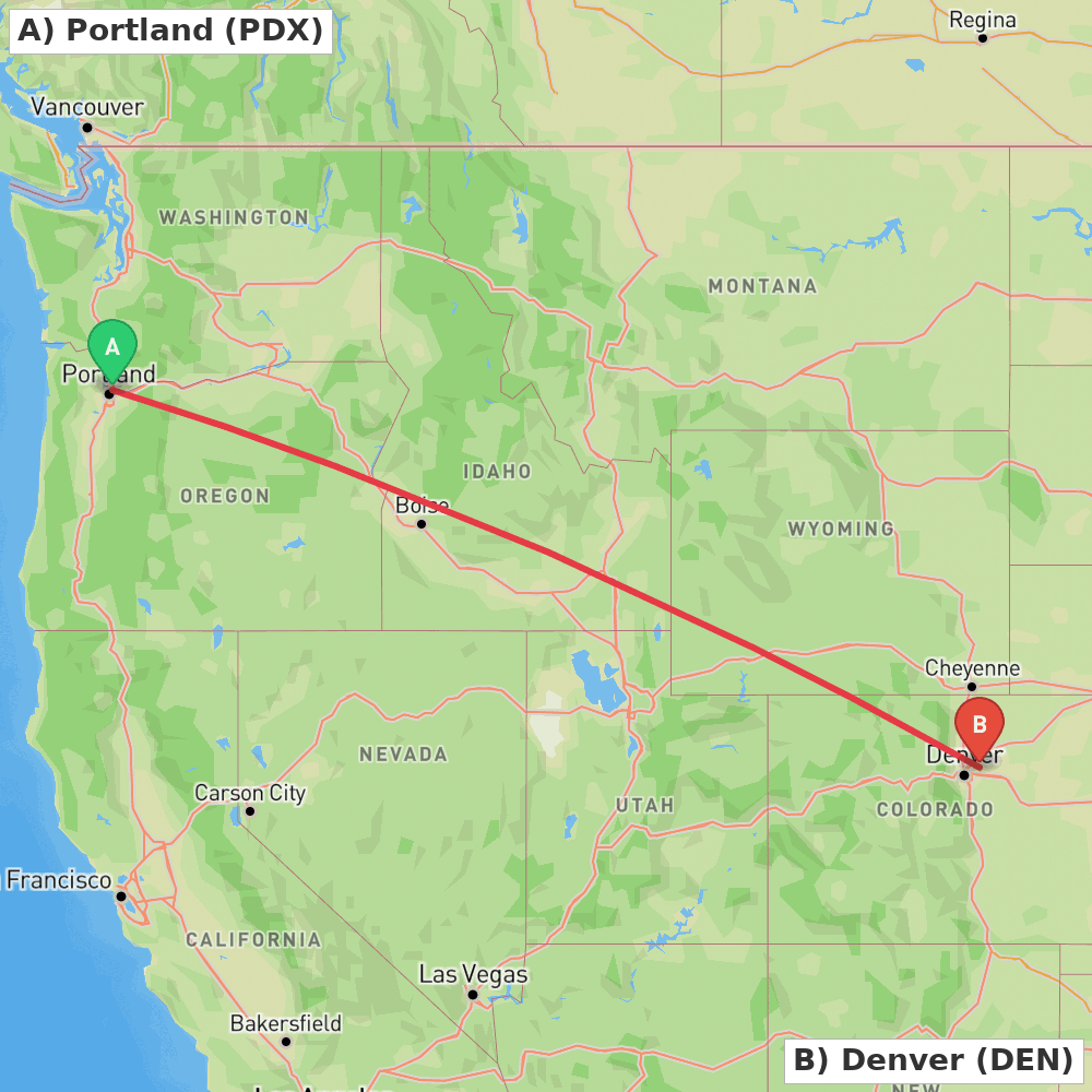 Flight route map from Portland to Denver