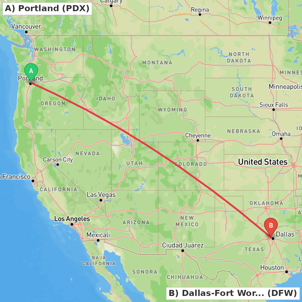 Flight route map from Portland to Dallas-Fort Worth