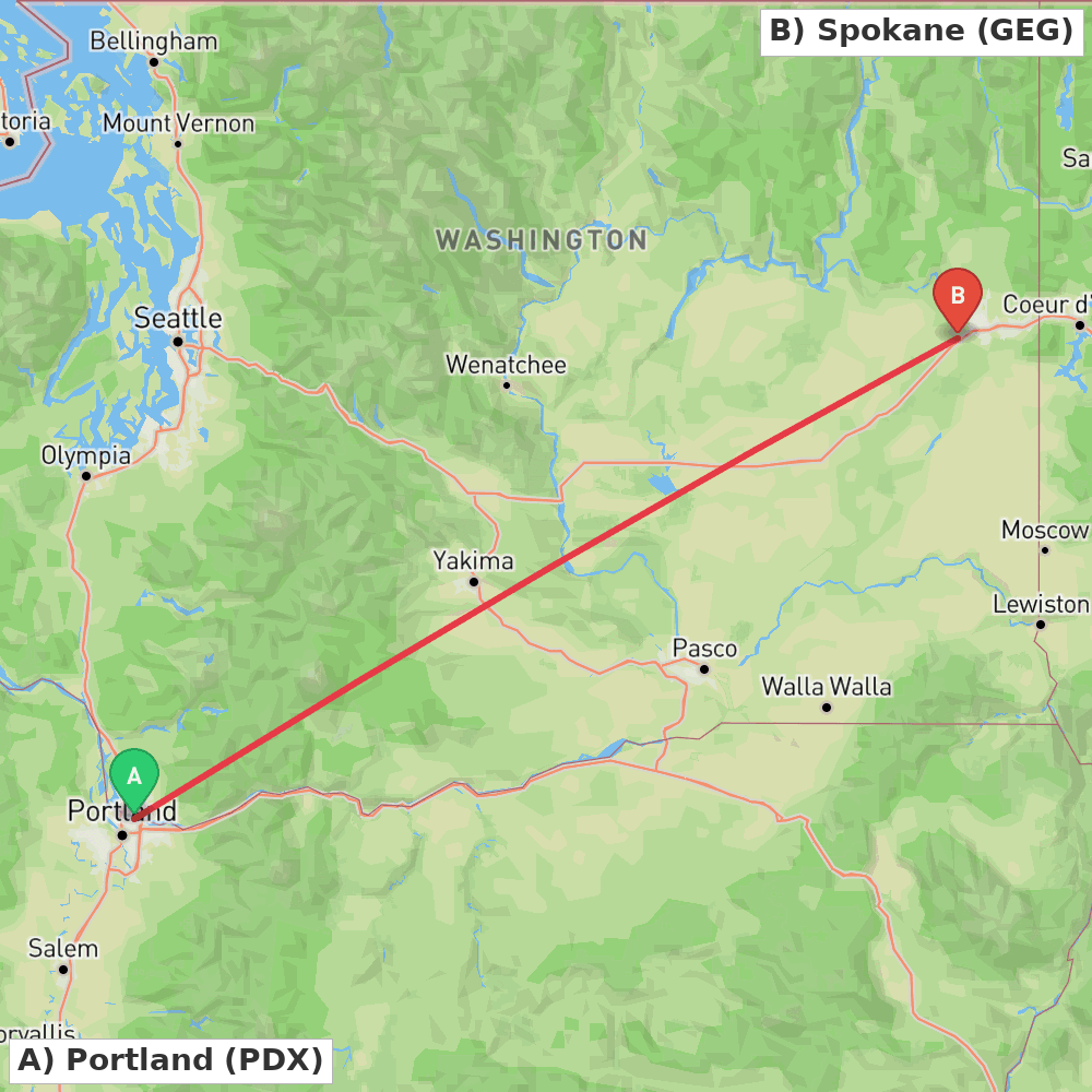 Flight route map from Portland to Spokane