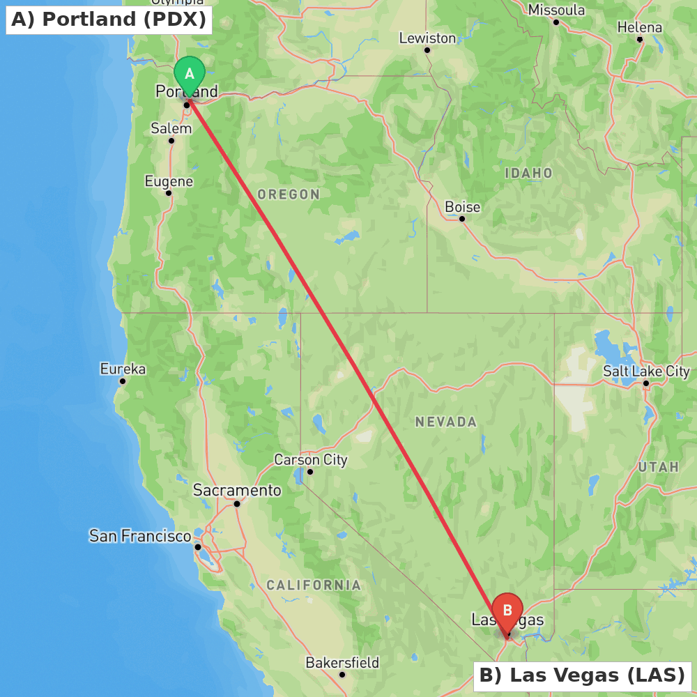 Flight route map from Portland to Las Vegas