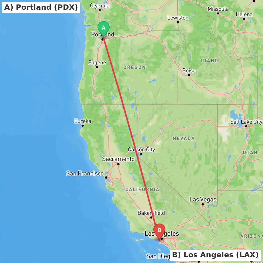 Flight route map from Portland to Los Angeles