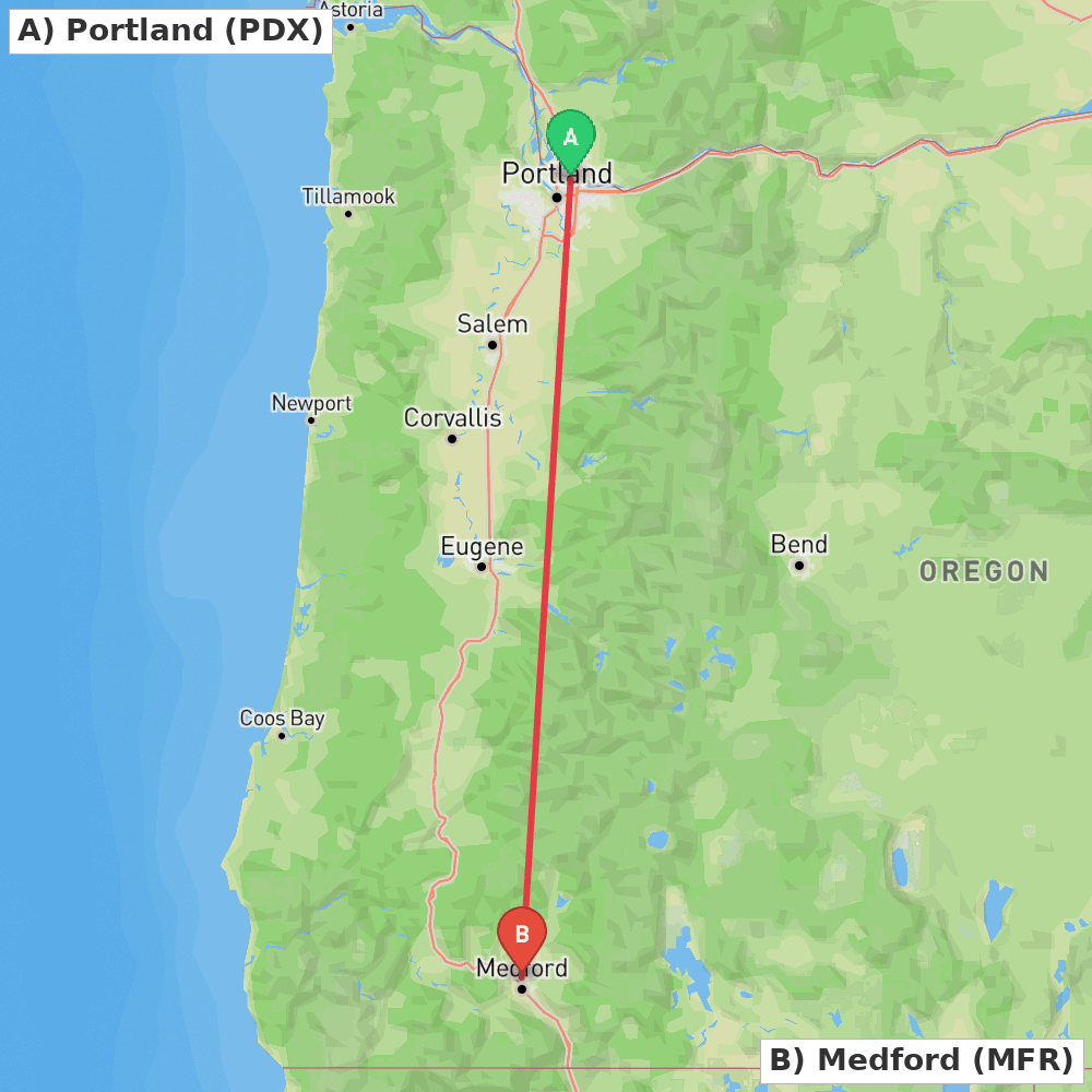 Flight route map from Portland to Medford