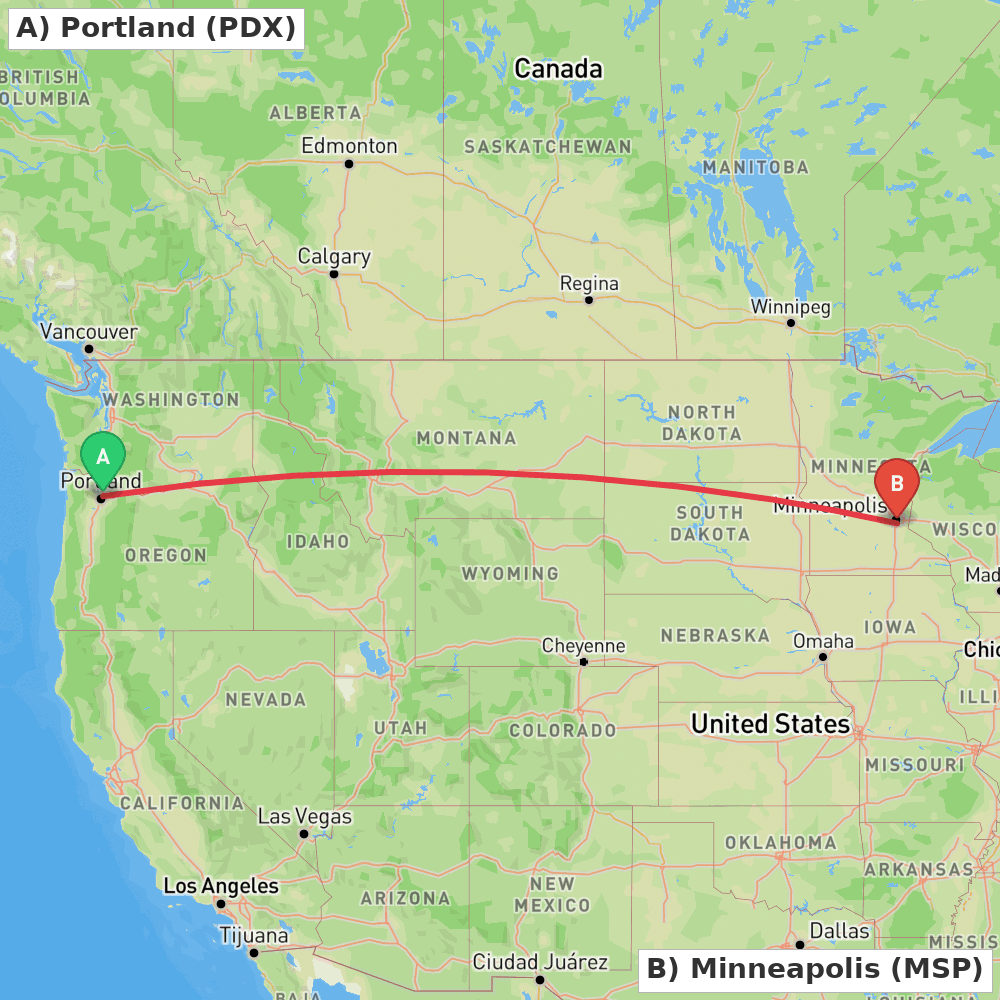 Flight route map from Portland to Minneapolis