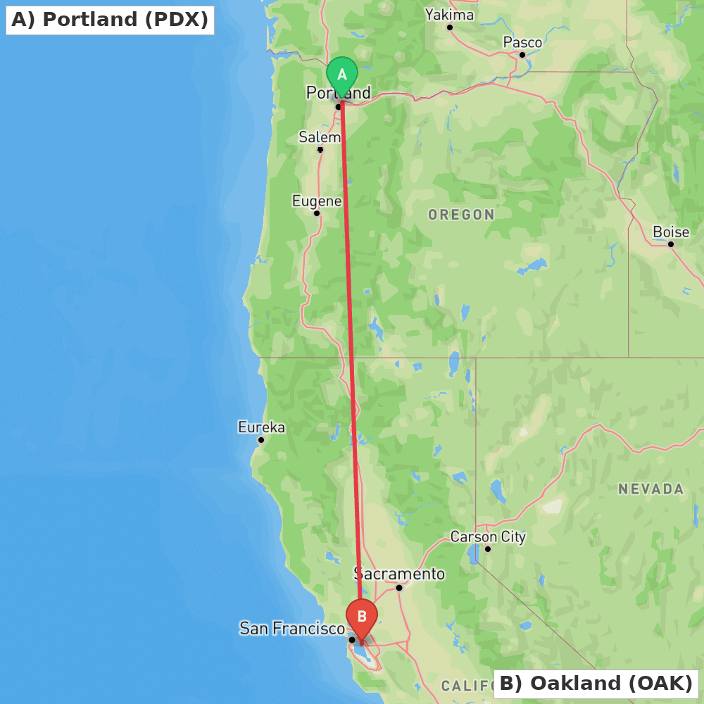 Flight route map from Portland to Oakland